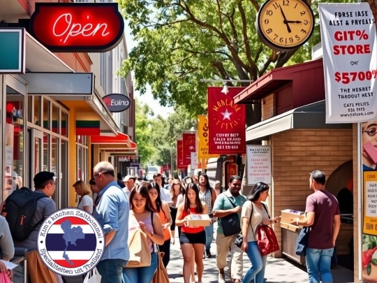 Een drukke winkelstraat op een zonnige dag met veel mensen die inkopen doen en lopen. Links hangt een fel rood ne