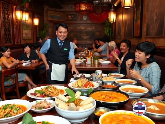 Een ober in uniform serveert eten aan een tafel vol overvloedige Aziatische gerechten in een sfeervol, druk restaurant. Aan
