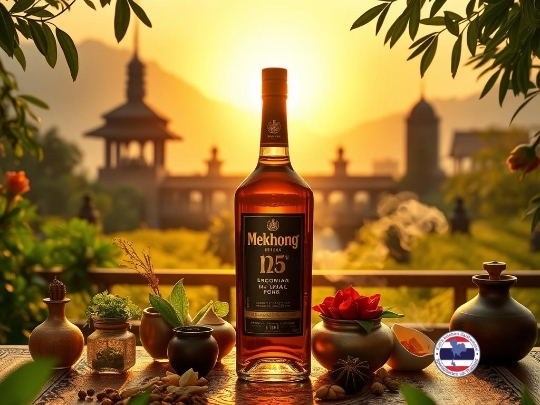 Een fles Mekhong rum staat centraal op een tafel versierd met kruiden, specerijen en bloemen, tegen een achtergrond van een