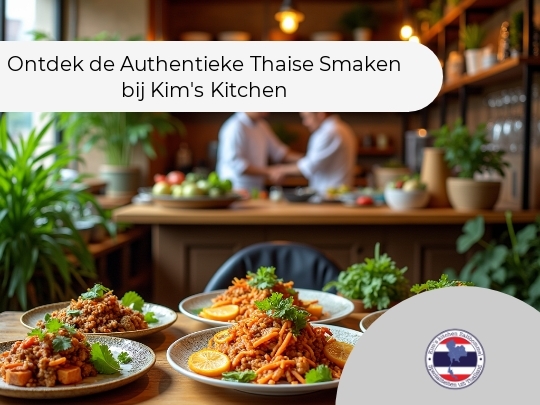 Een gezellige keuken met warme verlichting waarin vier borden met kleurrijke pastagerechten op een houten tafel staan. Op de achtergrond zijn twee personen in witte koksbuizen bezig