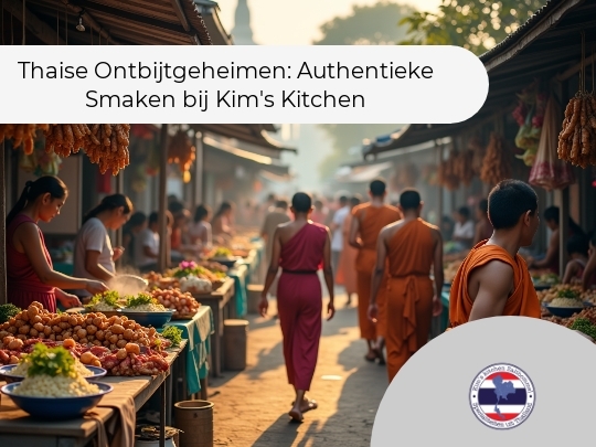 Een levendige markt in een Aziatische setting, met personen in oranje gewaden die langs kraampjes met kleurrijke groenten en fruit lopen. De sfeer ogen ochtendlicht valt